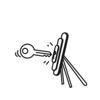 hand drawn doodle hand holding key towards dartboard keyhole illustration vector
