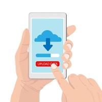 Smartphone with cloud and file download button in hand. Upload data, cloud computing, business concept. Flat vector Illustration.