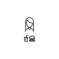 Vector signs drawn in flat style with thin black line. Editable stroke. Suitable for adverts, books, articles, banners. Line icon of soda and burger next to faceless woman