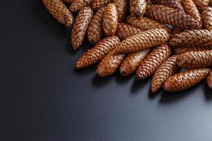 pile of fir cones on black plastic background photo