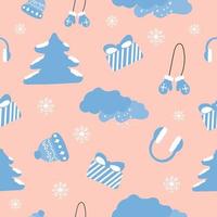 Seamless hand drawn pattern of winter elements on a pastel pink background. Surface design for textile, fabric, wallpaper, packaging, gift wrap, paper, scrapbook and packaging vector