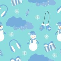 Seamless hand drawn pattern of winter elements on a light blue background. Surface design for textile, fabric, wallpaper, packaging, gift wrap, paper, scrapbook and packaging vector