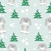 Seamless pattern hand drawn cute rabbit in a fur coat in the forest. Background, wallpaper, packaging, textile template. vector