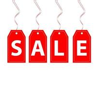 Red sale tags hung on ribbons with the inscription SALE. vector