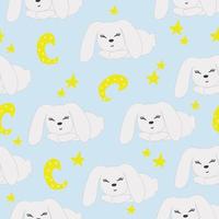 Seamless pattern sleeping rabbit and stars with the moon, hand-drawn on a blue background vector