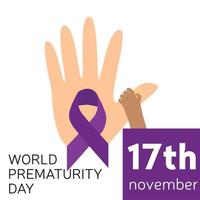 World prematurity baby day 17 November. Cute baby hand take big hand. Vector illustration.