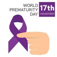 Banner for prematurity baby day 17 November. Hand take a purple ribbon. Vector illustration