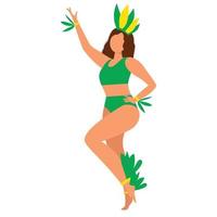 Beautiful Latina girl dancing on carnival. Woman in open green and yellow swimsuit and carnival costume. Vector illustration.