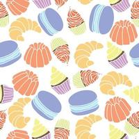 Seamless pattern with sweet elements. Vector illustration with pudding, croissant, cupcake and muffins.