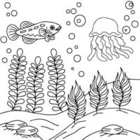 Print design aqua fish outline coloring page for kid vector