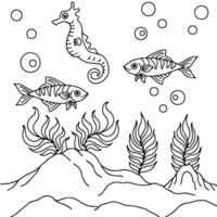 Print design aqua fish outline coloring page for kid vector