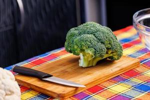 a head of green broccoli on a pink plastic cutting board, and colorful towel underneath photo