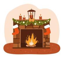 Fireplace decorated with Christmas elements. Isolated on white background. Xmas stockings, fir, candles, fireplace. vector