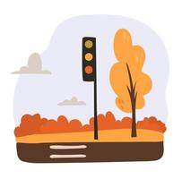 camino de otoño con un paso de peatones y semáforos vector