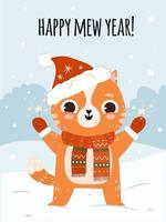 Greeting card with a cute cat in Christmas hat. Happy New year postcard, poster design. Cartoon winter vector character with sparklers