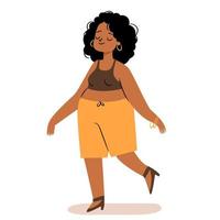 Happy body positive woman walking. Cute African American woman vector