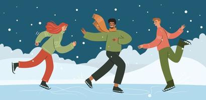 Happy young people skating outdoors while it is snowing. Men and woman wearing ugly Christmas sweaters vector