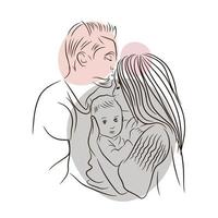 Young family, love, mom and dad hugging a newborn, warm feelings, line vector