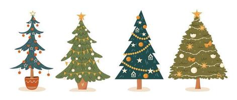 conjunto de árboles de Navidad aislados sobre fondo blanco. colección de árboles de navidad decorados. ilustración plana vectorial dibujada a mano vector