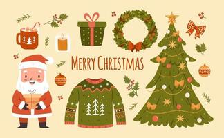 Set of cute isolated Christmas elements. Collection of seasonal objects on blank background. Flat vector illustration