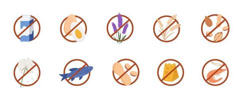 Allergens in red crossed circles icons set vector