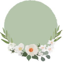 bianca camelia fiore su verde cerchio sfondo ghirlanda telaio piatto stile png