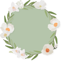 white camellia flower on green circle background wreath frame flat style png
