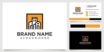 Square castle logo design concept with business card vector