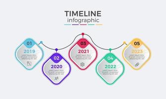 diseño de infografía de cinco pasos de línea de tiempo moderna, plantilla de diseño de etiqueta infográfica de línea de tiempo con icono vector