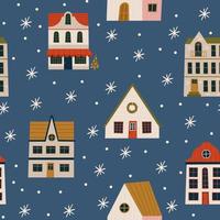 Merry Christmas and Happy New Year seamless pattern with various tiny houses. Modern hand draw illustrations. Colorful contemporary art vector