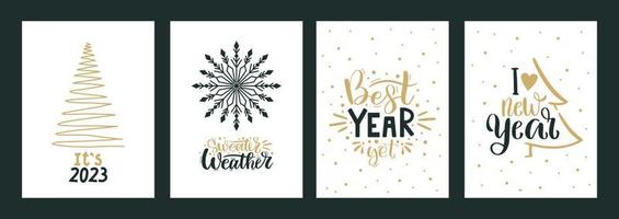 feliz navidad y feliz año nuevo conjunto de tarjetas de felicitación, carteles con varios árboles copos de nieve. diseño de navidad con letras, árbol, cristal, copos de nieve en estilo de arte moderno.dibujado a mano de moda vector