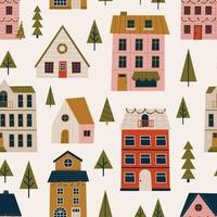 Merry Christmas and Happy New Year seamless pattern with various tiny houses. Modern hand draw illustrations. Colorful contemporary art vector