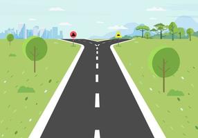 Crossroads nature path to city and forest vector illustration.Scene nature with road, town , mountains, trees, and sky background