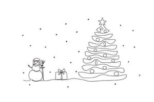 Continuous line vector illustration drawing of Snowman and Christmas tree. Concept of Christmas. Holiday, New year