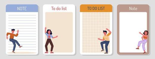 A collection of weekly or daily planner, note paper, to-do list, sticker templates decorated with cute illustrations of dancing people. A fashionable planner or organizer. Flat vector