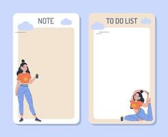 A collection of weekly or daily planner, note paper, to-do list, sticker templates decorated with cute illustrations of a sporty girl. Fashionable sports planner or organizer. Flat vector illustration