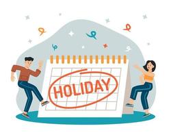 concepto de vacaciones. los días de descanso se destacan en el calendario, y la gente está feliz y bailando. ilustración plana vectorial vector