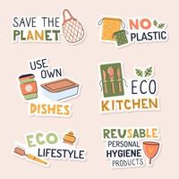 A set of vector stickers on the theme of ecology and zero waste. Phrases about eco-use and a clean planet. Flat style illustrations