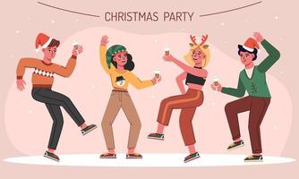 a group of young people are having fun and celebrating the new year. People are holding champagne glasses in their hands and dancing. Bright color vector illustration in a flat style