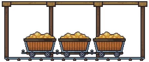 Pixel art gold mine with ore carts in wooden tunnel and rails vector icon for 8bit game on white background