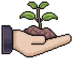 Pixel art hand holding plant vector icon for 8bit game on white background