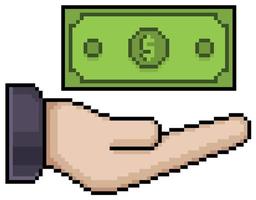 Pixel art hand holding banknote, money vector icon for 8bit game on white background