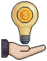 Pixel art hand holding coin and money lamp, investment idea vector icon for 8bit game on white background