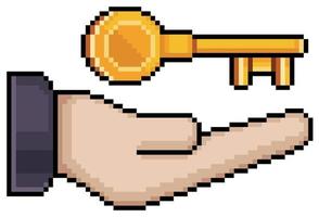 Pixel art hand holding golden key vector icon for 8bit game on white background
