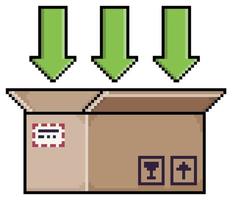 Pixel art open box with green arrows cardboard box vector icon for 8bit game on white background