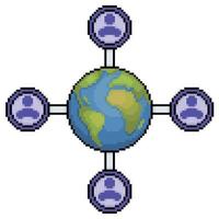 Pixel art planet earth with profile icons, earth in network vector icon for 8bit game on white background