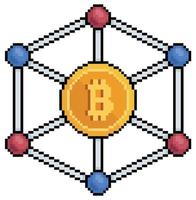 Pixel art bitcoin network, cryptocurrency network vector icon for 8bit game on white background