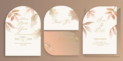 Luxury arch wedding invitation card background with orange watercolor botanical leaves. Abstract floral art background vector design for wedding and vip cover template.