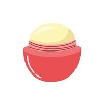 Lip balm round container in cartoon style. Hand drawn lip cream makeup cosmetic. Cute vector illustration isolated on white background.