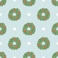 Christmas wreath with snowflakes on blue background, vector seamless pattern